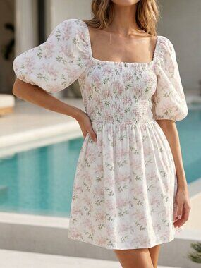 Paris Atelier & Other Stories Pink Cream Floral Smocked Puff-Sleeve Dress 4